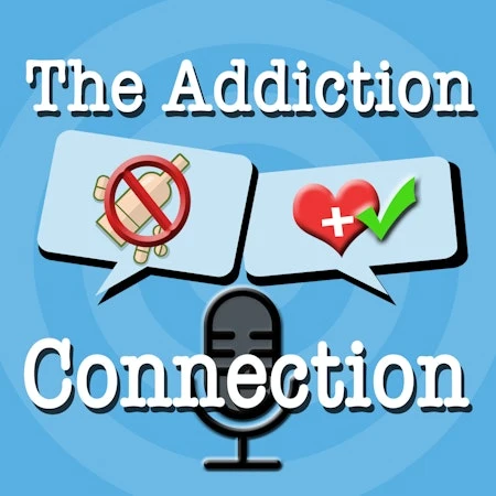 The Addiction Connection podcast album artwork, Blue background, microphone with two speech bubbles above it.