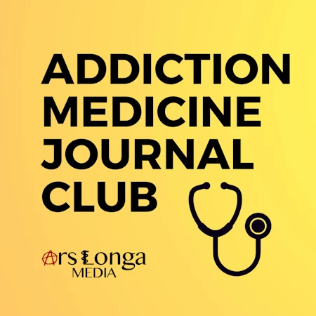 Addiction Medicine Journal Club podcast album artwork, Yellow background with small stethoscope