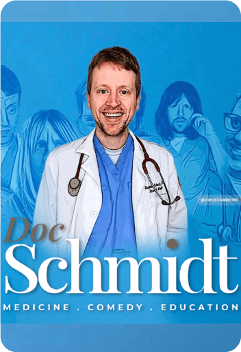 Banner for Doc Schmidt, Doctor and content creator. Doc Schmidt's logo and Doc Schmidt in various costumes on a blue background.