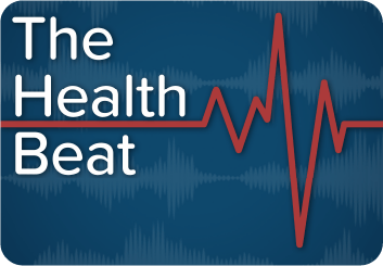The Health Beat Podcast album artwork, blue background with EKG trace waveform, text on bottom "Medical News from Medical Students"