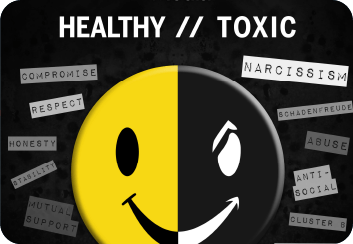 Healthy // Toxic Album Artwork, a yellow happy face split with a black, mischievous happy face.