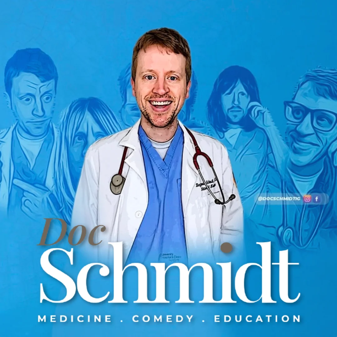 Banner for Doc Schmidt, Doctor and content creator. Doc Schmidt's logo and Doc Schmidt in various costumes on a blue background.
