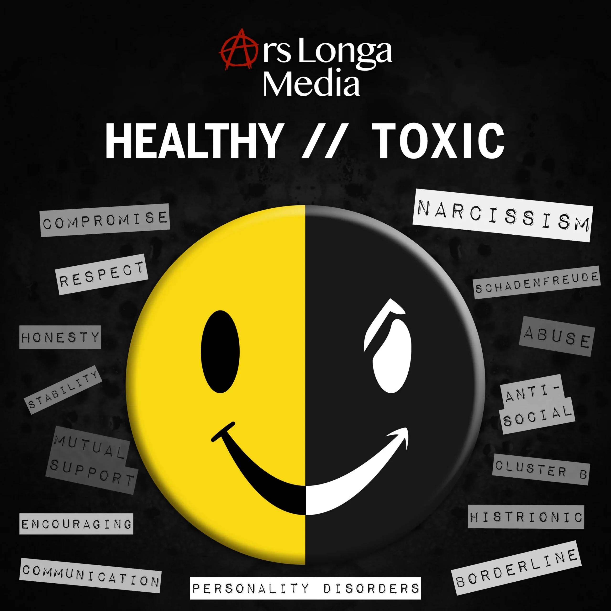Healthy // Toxic Album Artwork, a yellow happy face split with a black, mischievous happy face.