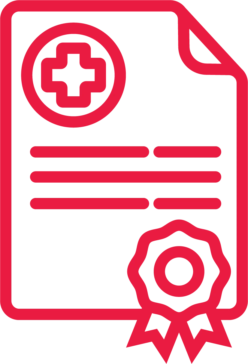 A document with a medical symbol in the upper left corner and a seal on the bottom right.