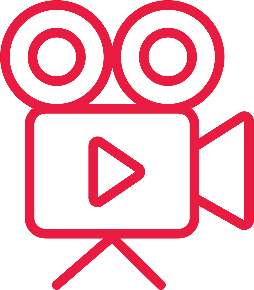 A film camera with a play button in the center.