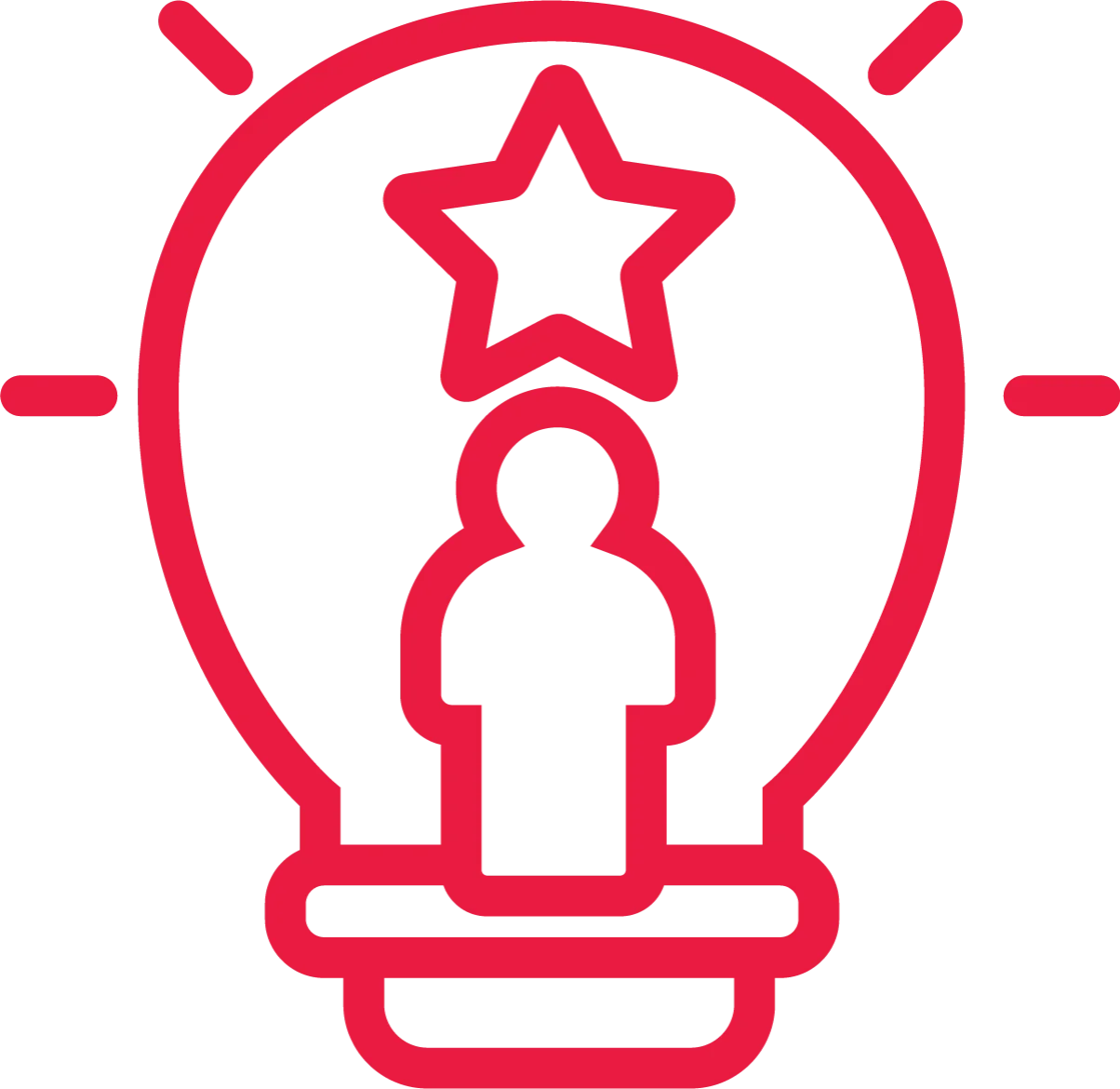 A light bulb with a small person inside. The person has a star above their head.